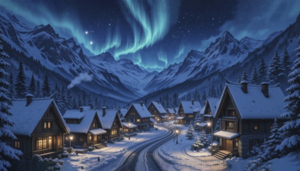 A picturesque village nestled beneath the aurora borealis, with snow-covered houses and a winding road. The night sky glows above the snowy mountains, AI generated