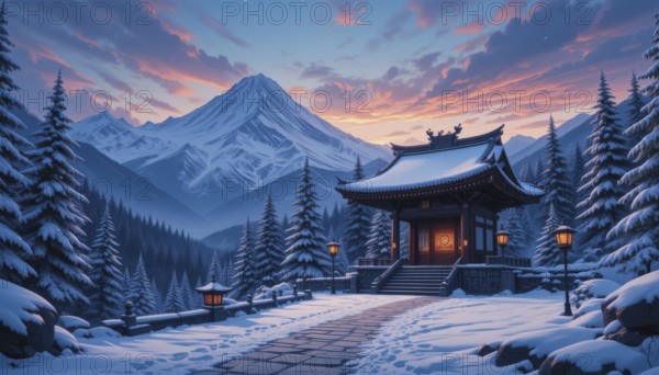 A serene winter scene with a Japanese temple nestled amidst snow-covered trees and majestic mountains, AI generated