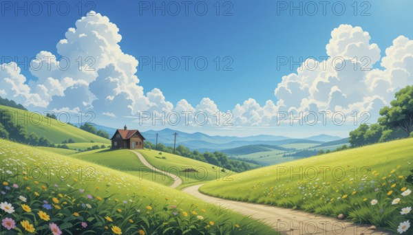 Scenic illustration of a dreamy landscape with a house, winding path, green fields, and fluffy clouds under a blue sky, AI generated