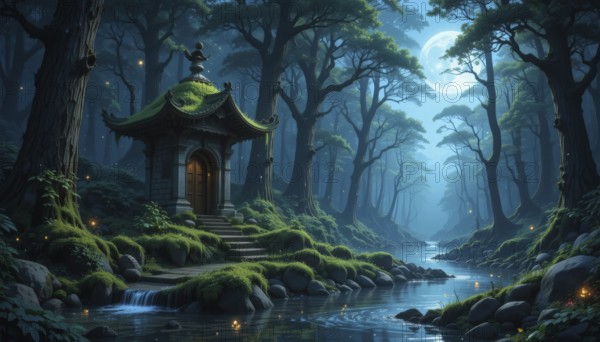 A serene forest scene with a pagoda by a tranquil river under the soft glow of a full moon, AI generated