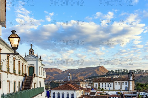 Central area of the historic city of Ouro Preto with church and mansions in baroque and colonial style