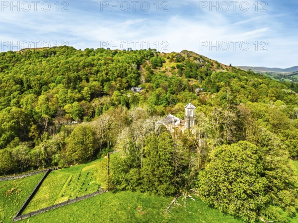 Holy Trinity Church from a drone, Bog Lane, Brathay village, Lake District, Cumbria, England, United Kingdom