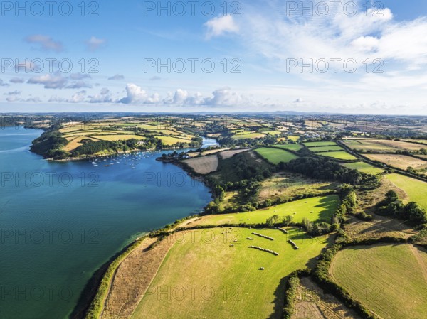 Farms and Fields over St Mawes from drone, Carrick Roads, River Fal, Falmouth, Cornwall, UKDefault