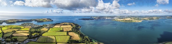Panorama of Farms and Fields over St Mawes from drone, Carrick Roads, River Fal, Falmouth, Cornwall, UK