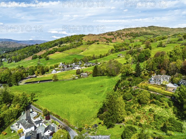 Farms and Fields from a drone, Townend house, Troutbeck, Windermere, Lake District, Cumbria, UK