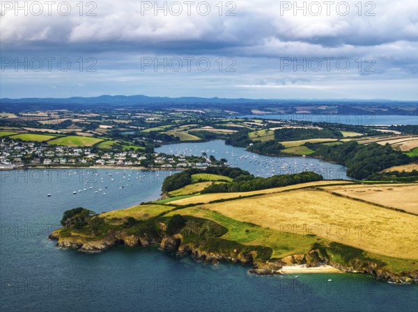 St Anthony Lighthouse from drone, Roseland peninsula, Head circular walk, Cornwall, UK