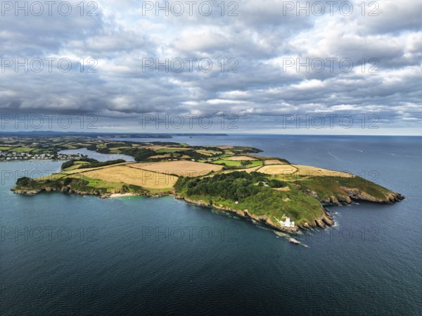 St Anthony Lighthouse from drone, Roseland peninsula, Head circular walk, Cornwall, UK
