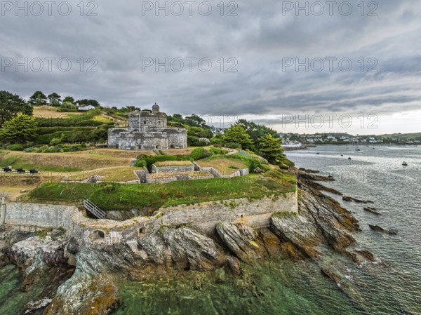 St Mawes Castle from a drone, Carrick Roads, River Fal, Falmouth, Cornwall, UK