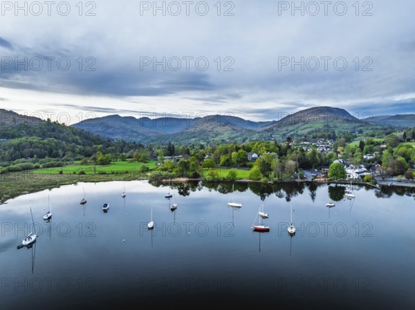 Sunset over Windermere Lake from a drone, Ambleside, Lake District, Cumbria, England, United Kingdom