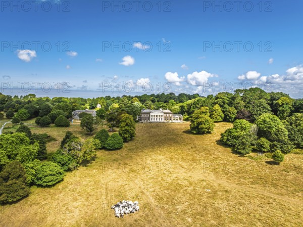 Trelissick House and Garden from drone, Carrick Roads, River Fal, Feock, Truro, Cornwall, UK
