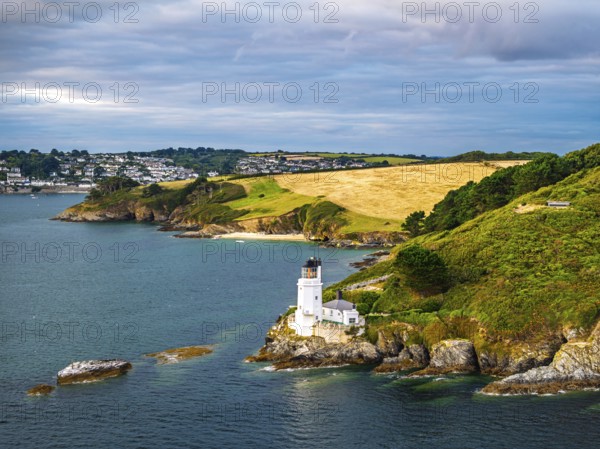 St Anthony Lighthouse from drone, Roseland peninsula, Head circular walk, Cornwall, UK