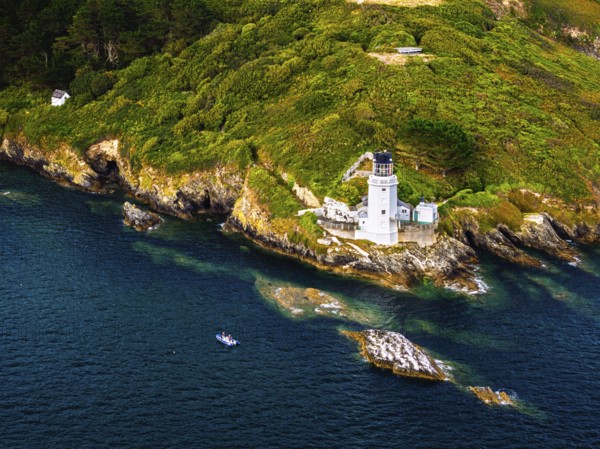 St Anthony Lighthouse from drone, Roseland peninsula, Head circular walk, Cornwall, UK