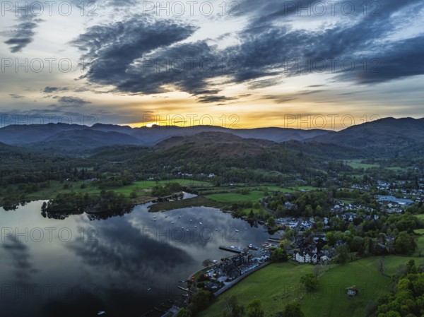 Sunset over Windermere Lake from a drone, Ambleside, Lake District, Cumbria, England, United Kingdom