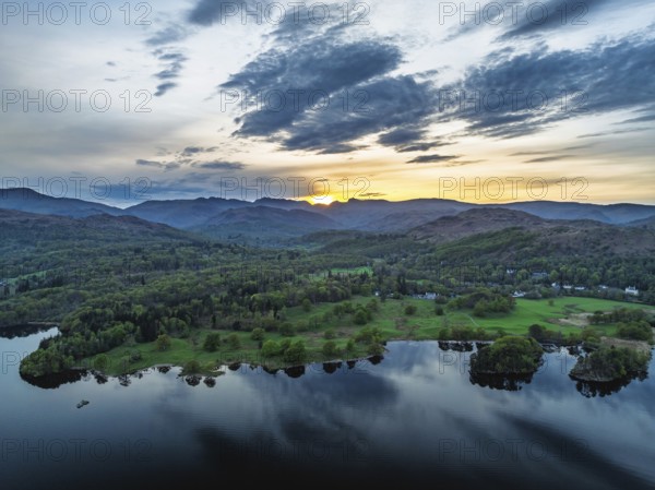 Sunset over Windermere Lake from a drone, Ambleside, Lake District, Cumbria, England, United Kingdom