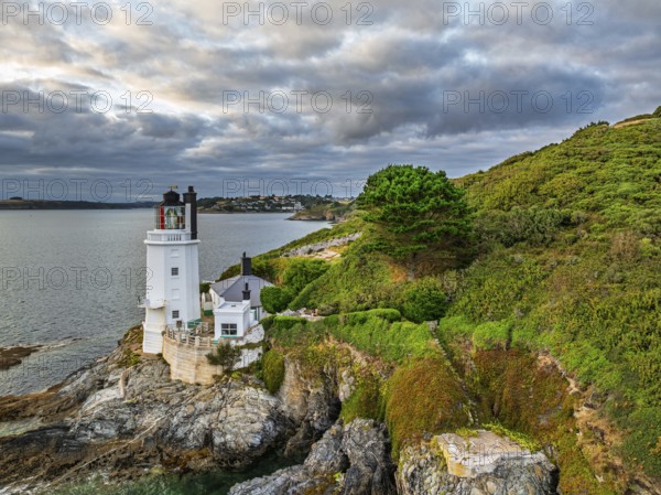 St Anthony Lighthouse from drone, Roseland peninsula, Head circular walk, Cornwall, UK