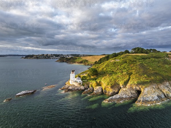 St Anthony Lighthouse from drone, Roseland peninsula, Head circular walk, Cornwall, UK