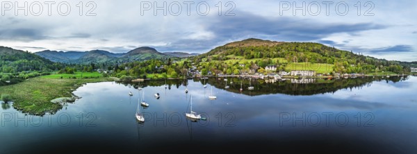 Panorama of Sunset over Windermere Lake from a drone, Ambleside, Lake District, Cumbria, England, United Kingdom