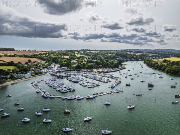 Mylor Churchtown Village from a drone, Carrick Roads, River Fal, Falmouth, Cornwall, UK