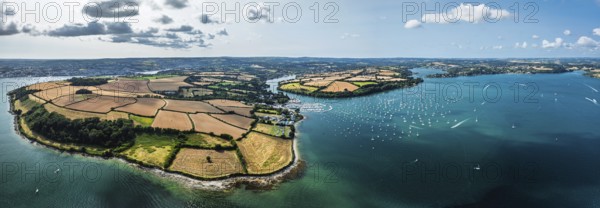 Panorama of Mylor Churchtown Village from a drone, Carrick Roads, River Fal, Falmouth, Cornwall, UK