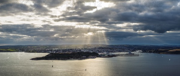 Panorama of Sunset over Pendennis Castle and Pendennis Point from a drone, Falmouth, Cornwall, UK