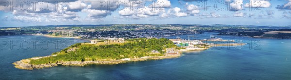 Panorama of Pendennis Castle and Pendennis Point from a drone, Falmouth, Cornwall, UK