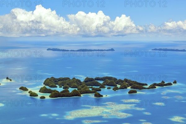 Aerial view bird's eye view of part of 70 islands in lagoon of island paradise island state Palau in the Pacific West Pacific, Republic of Palau, Micronesia, Australia, Oceania