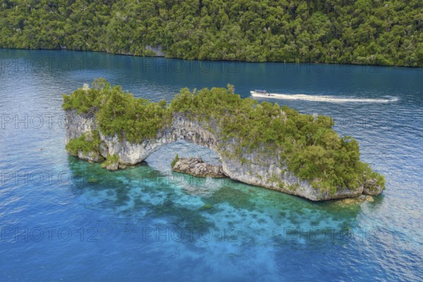 Aerial view bird's eye view of rock arch Natural Arch in lagoon of in island paradise island state Palau in the Pacific West Pacific, Rock Islands, Republic of Palau, Micronesia, Australia, Oceania