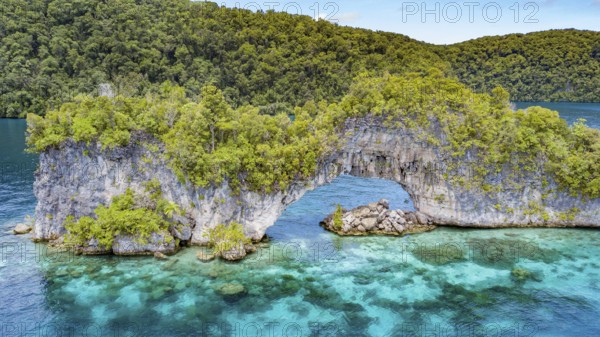Aerial view bird's eye view through rock arch Natural Arch in lagoon of island paradise island state Palau in the Pacific West Pacific, Rock Islands, Republic of Palau, Micronesia, Australia, Oceania