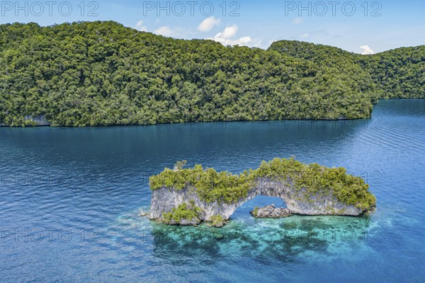 Aerial view bird's eye view of rock arch Natural Arch in lagoon of island paradise island state Palau in the Pacific West Pacific, Rock Islands, Republic of Palau, Micronesia, Australia, Oceania