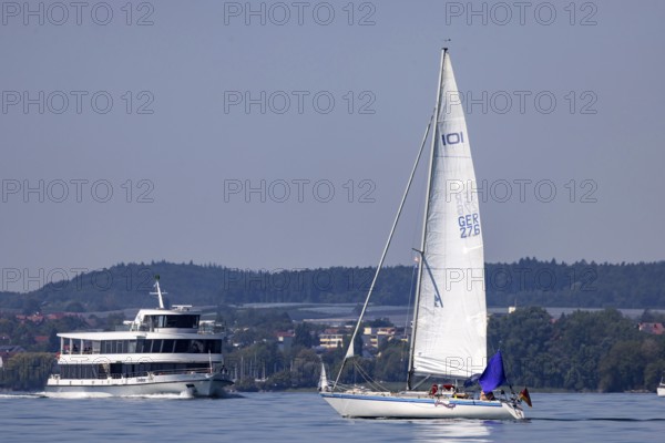 Sailing yacht on Lake Constance, passenger ship LINDAU. Immenstaad, Baden-Württemberg, Germany