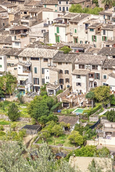 Aerial view at an old village with residential houses and gardens with lush trees in the summer, Fornalutx, Mallorca, Spain