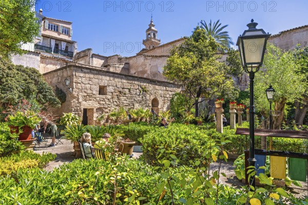 People visit The Arab baths in the old town in Palma de Mallorca an old botanical garden with lush green plants a sunny summer day, Palma de Mallorca, Mallorca, Spain