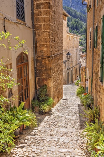 Empty cobblestone alley with beautiful stone houses a sunny hot day in an old spanish village, Fornalutx, Mallorca, Spain