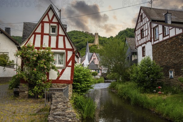 A historic half-timbered village in the morning. Beautiful light in Monreal im Elztal, Mayen-Koblenz district, Rhineland-Palatinate, Germany