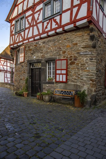 A historic half-timbered village in the morning. Beautiful light in Monreal im Elztal, Mayen-Koblenz district, Rhineland-Palatinate, Germany