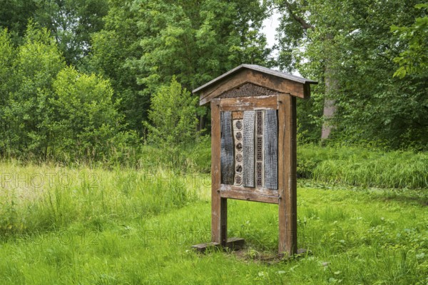 Insect hotel in a meadow, Rheda-Wiedenbrück, Westphalia, North Rhine-Westphalia, Germany