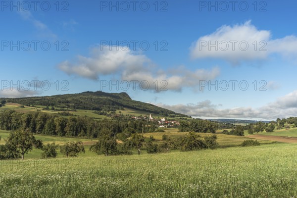 View of the village of Weiterdingen at the foot of the Hegau volcano Hohenstoffeln, Hegau, Baden-Württemberg, Germany