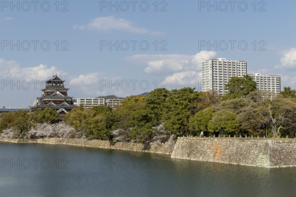 Hiroshima Castle, also known as Carp Castle, against a blue sky with cherry blossoms, sakura, and moat, replica of the original destroyed in the atomic bombing, sight, tourist attraction, Naka Ward, Hiroshima, Japan