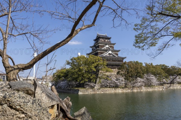 Hiroshima Castle, also known as Carp Castle, against a blue sky, moat, replica of the original destroyed in the atomic bombing, sight, tourist attraction, Naka Ward, Hiroshima, Japan