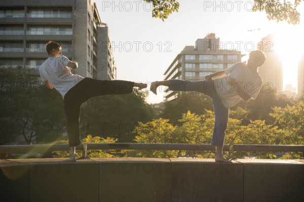 Two young men performing synchronized Taekwondo kicks at sunset
