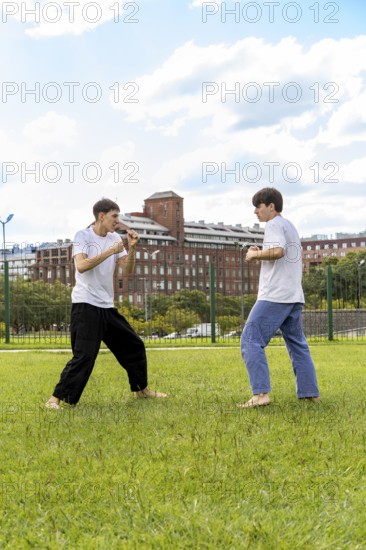 Martial artists training together in a park