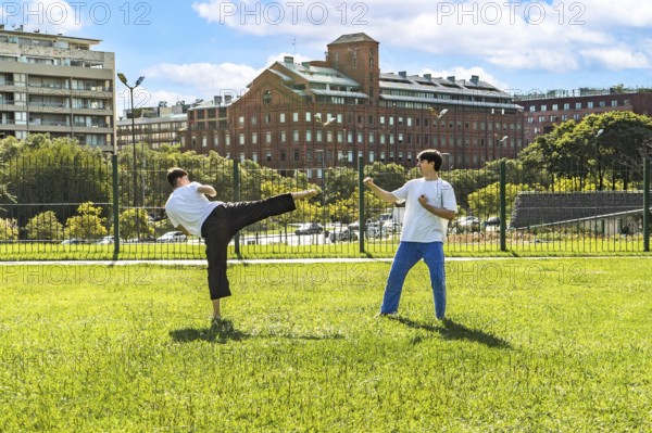 Young athletes honing martial arts skills in nature