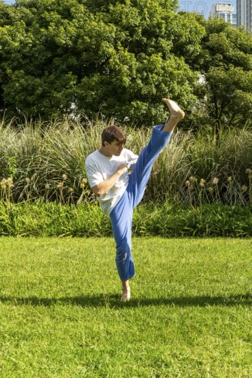 Young man performing a Taekwondo front kick outdoors