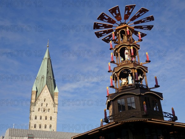 Paderborn Cathedral with Christmas pyramid during the Advent season