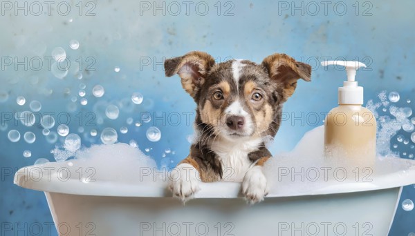 A dog is in a bathtub with bubbles and a bottle of shampoo. The dog appears to be enjoying the bath, AI generated