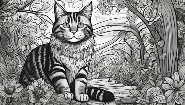 A black and white drawing of a cat sitting in a forest. The cat is looking at the camera with a curious expression. The forest is filled with various types of flowers, creating a peaceful, AI generated