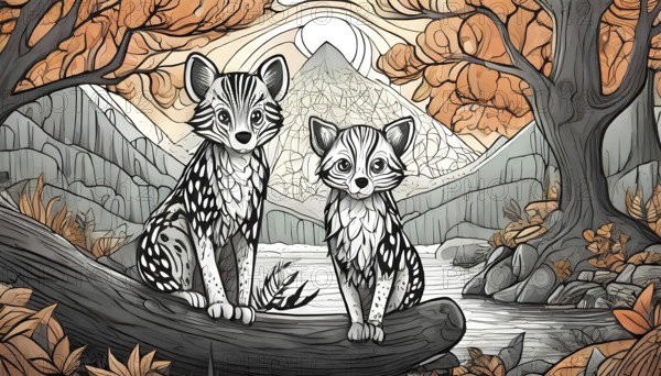 Two cats are sitting on a log in a forest. The cats are looking at the camera. The background features a mountain and a river, AI generated
