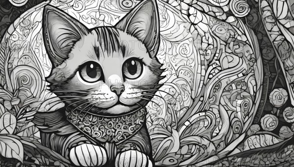 A cat is sitting on a bed with a flowery pattern. The cat is wearing a bandana and has a curious expression on its face, AI generated