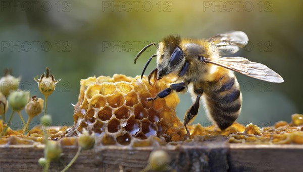 A bee is eating honey from a honeycomb. Concept of natural beauty and harmony, as the bee is enjoying a sweet treat from nature. The scene also highlights the importance of bees in pollination, AI generated