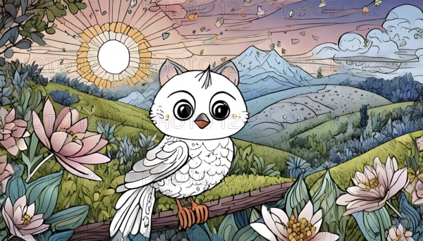 A cartoon owl is perched on a branch in a lush green field. The sky is filled with clouds and the sun is shining brightly. The scene is peaceful and serene, with the owl looking up at the sky, AI generated